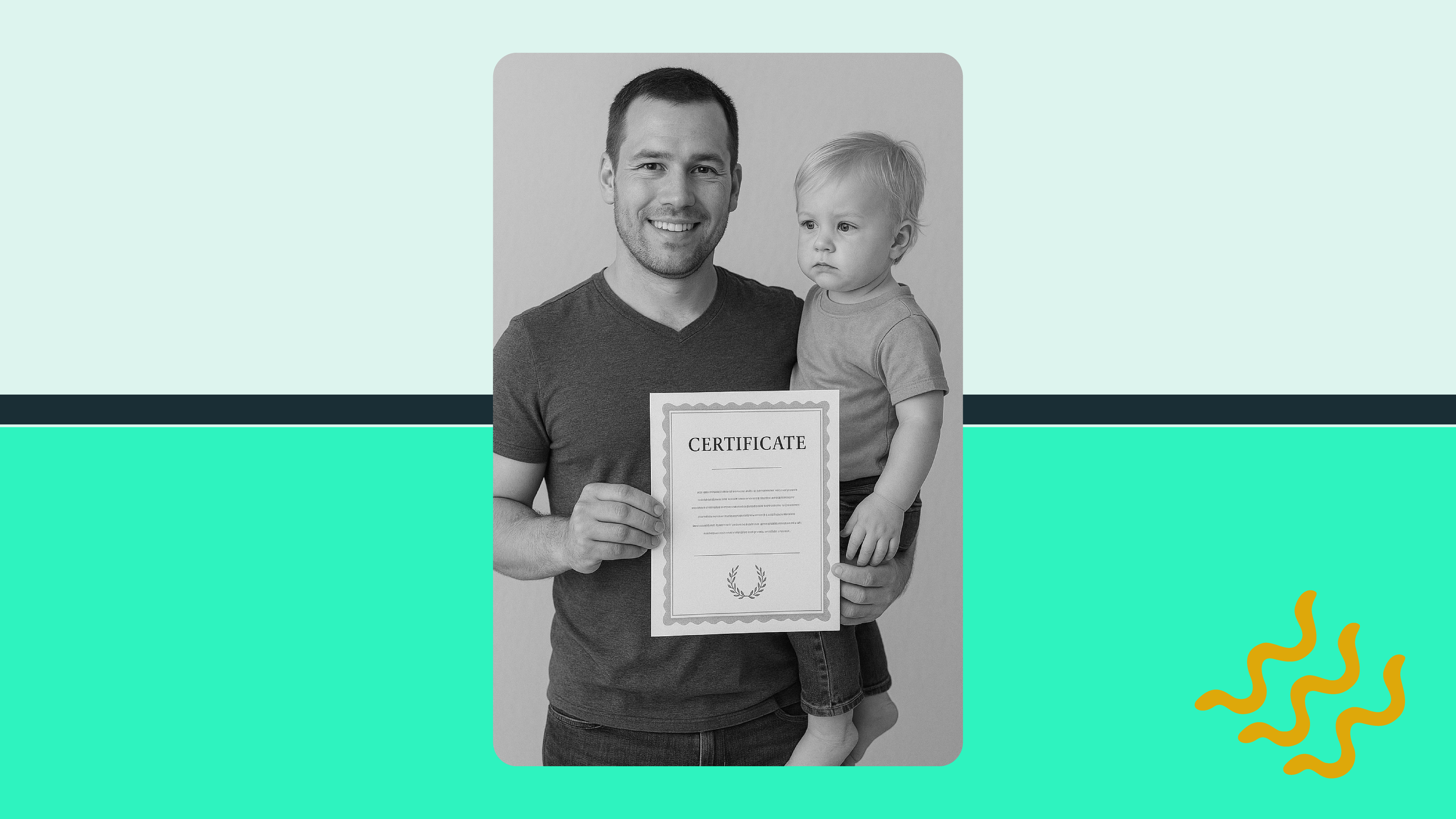 A babysitter holds a child on his hip, with a childcare certificate in his hand